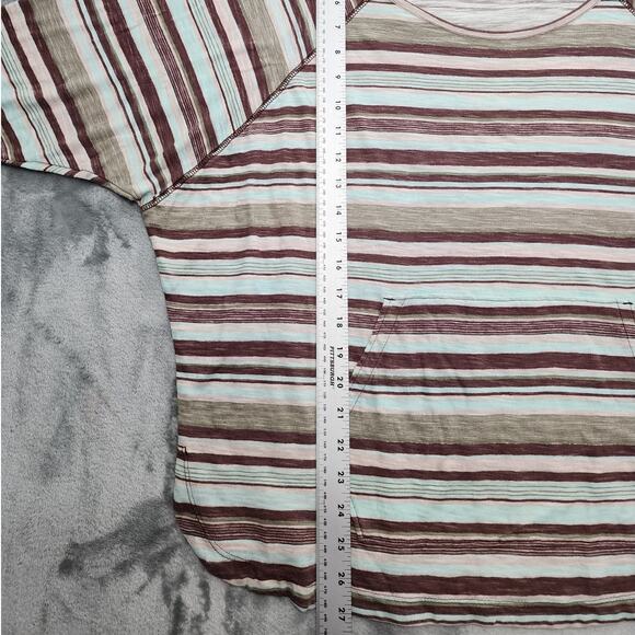 Woolrich Top Womens L Brown Blue Striped Scoop Neck Short Sleeve Kangaroo Pocket - Picture 7 of 8